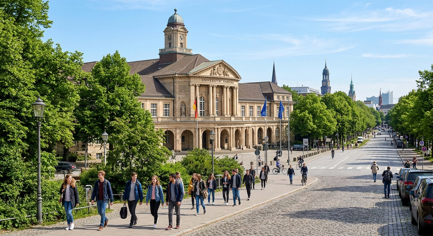 University of Hamburg main building Edmund Siemers Allee with neoclassical facade, green trees lining the boulevard, students walking on campus, clear blue sky over Hamburg cityscape