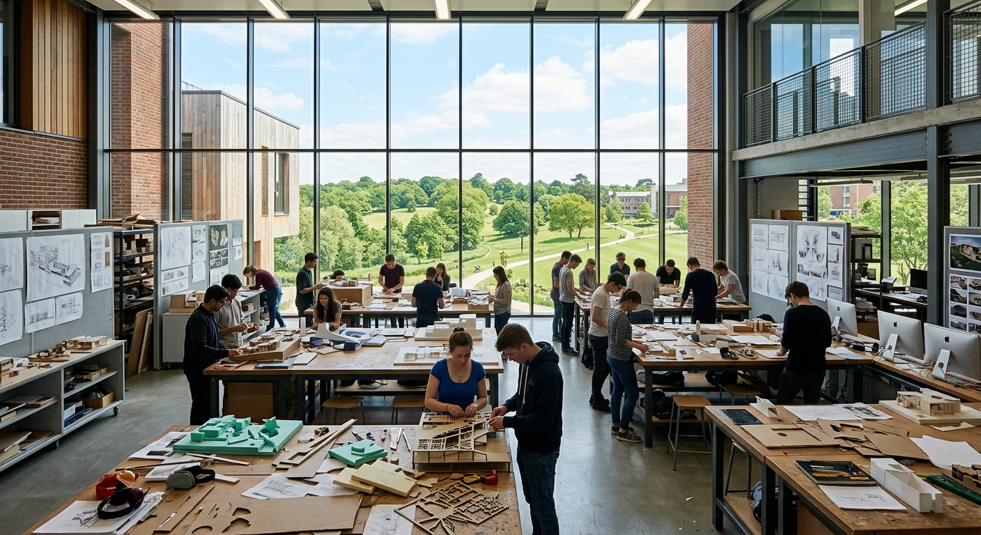University of Kent Canterbury campus, modern architecture school building with large studio windows, students working on architectural models in a bright open-plan design studio, green parkland surrounding the campus