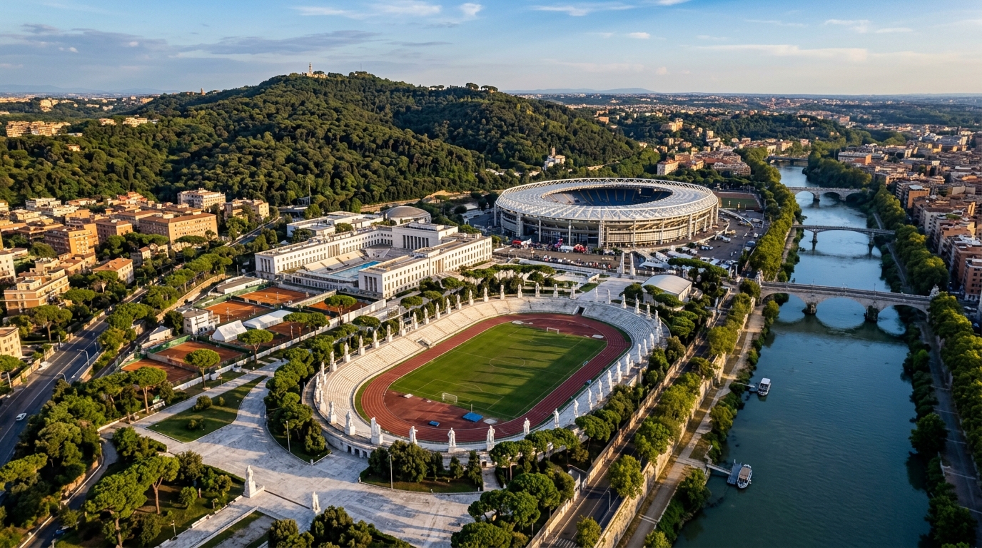 Wide aerial view of the Foro Italico sports complex in Rome with white marble buildings, Stadio dei Marmi, and the Olympic Stadium in background, Tiber River flowing alongside, Monte Mario hill covered in green woods, warm Mediterranean sunlight