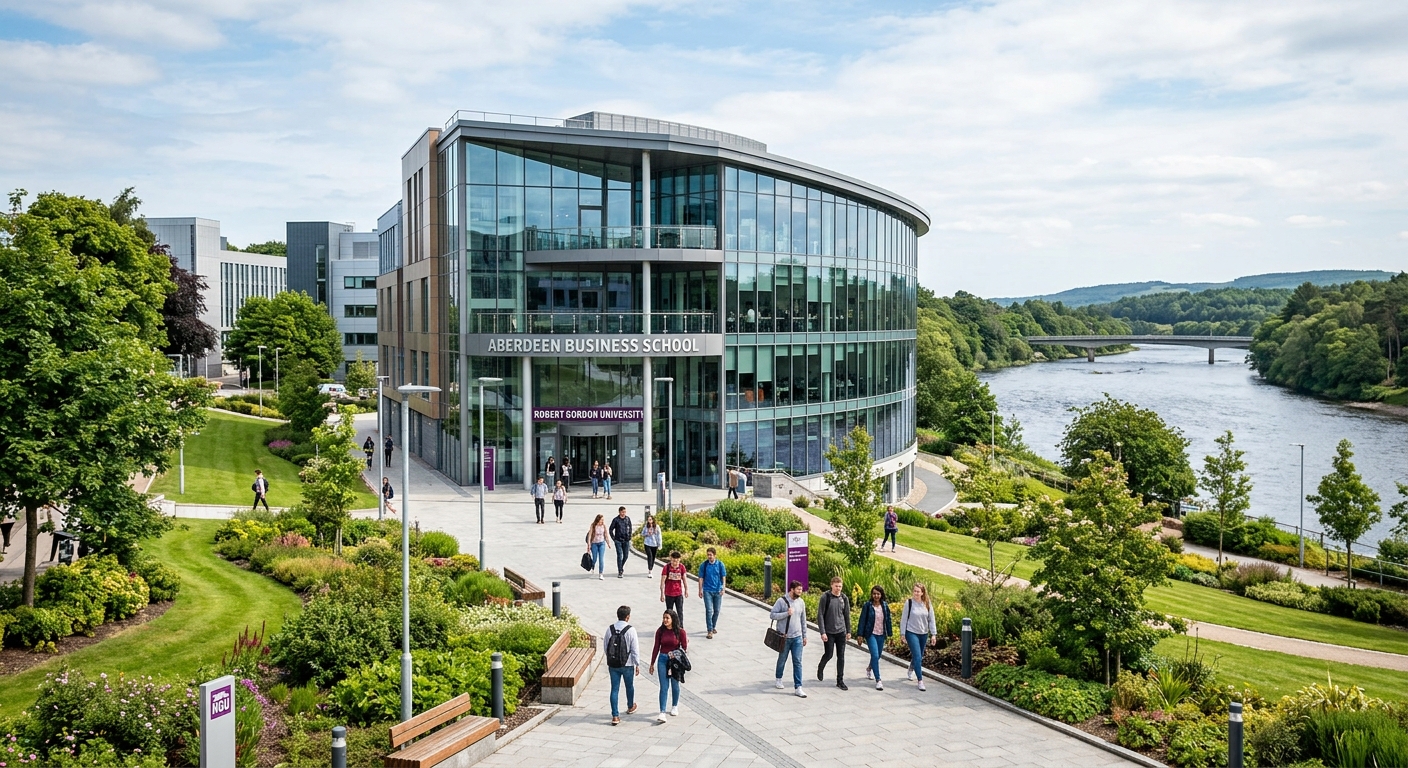 Modern Robert Gordon University Garthdee campus in Aberdeen Scotland, glass-fronted Aberdeen Business School building overlooking the River Dee, students walking on campus pathways with green landscaping and contemporary architecture