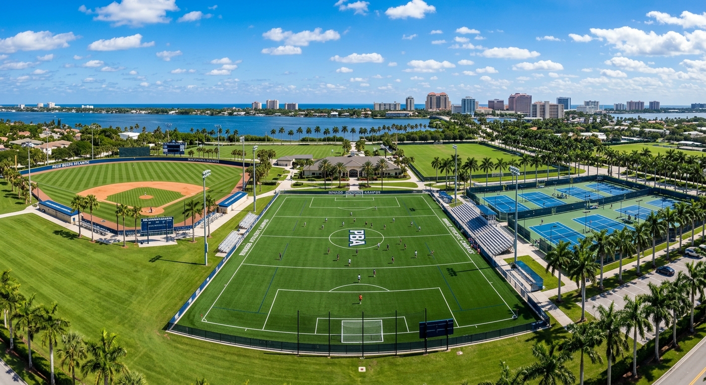 Rinker Athletic Campus at Palm Beach Atlantic University, wide green sports fields, soccer pitch, baseball diamond, tennis courts, palm trees surrounding the complex under blue sky