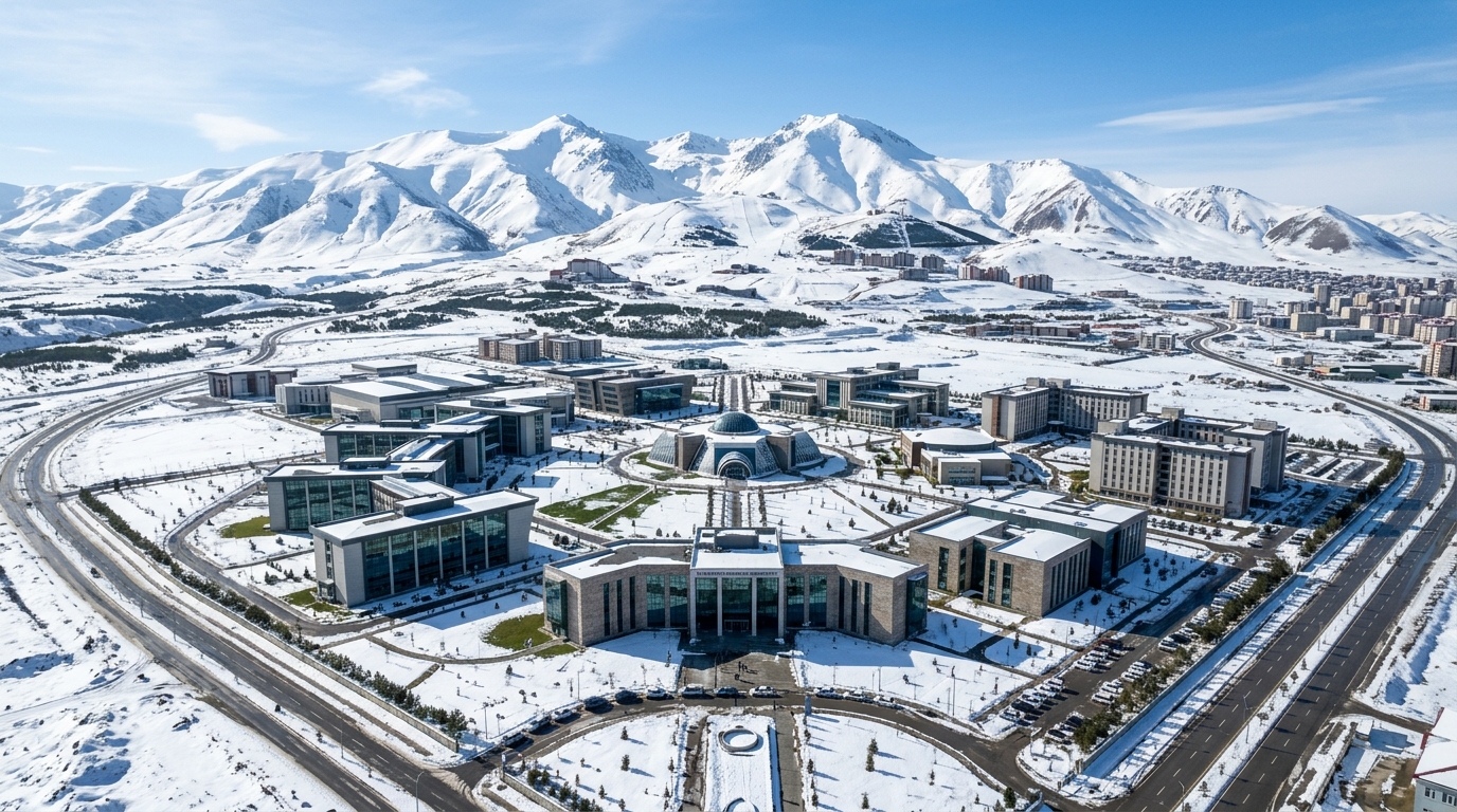 Erzurum Technical University modern campus buildings with snow-capped Palandoken Mountains in the background, wide-angle aerial view, clear winter sky, contemporary architecture on expansive green grounds