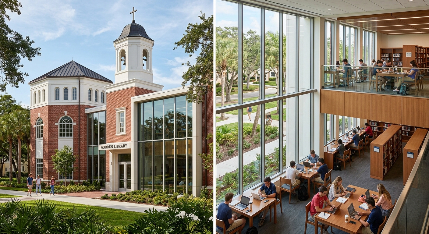 Warren Library at Palm Beach Atlantic University, two-story building with historic octagonal structure, modern renovation, students studying inside with natural light