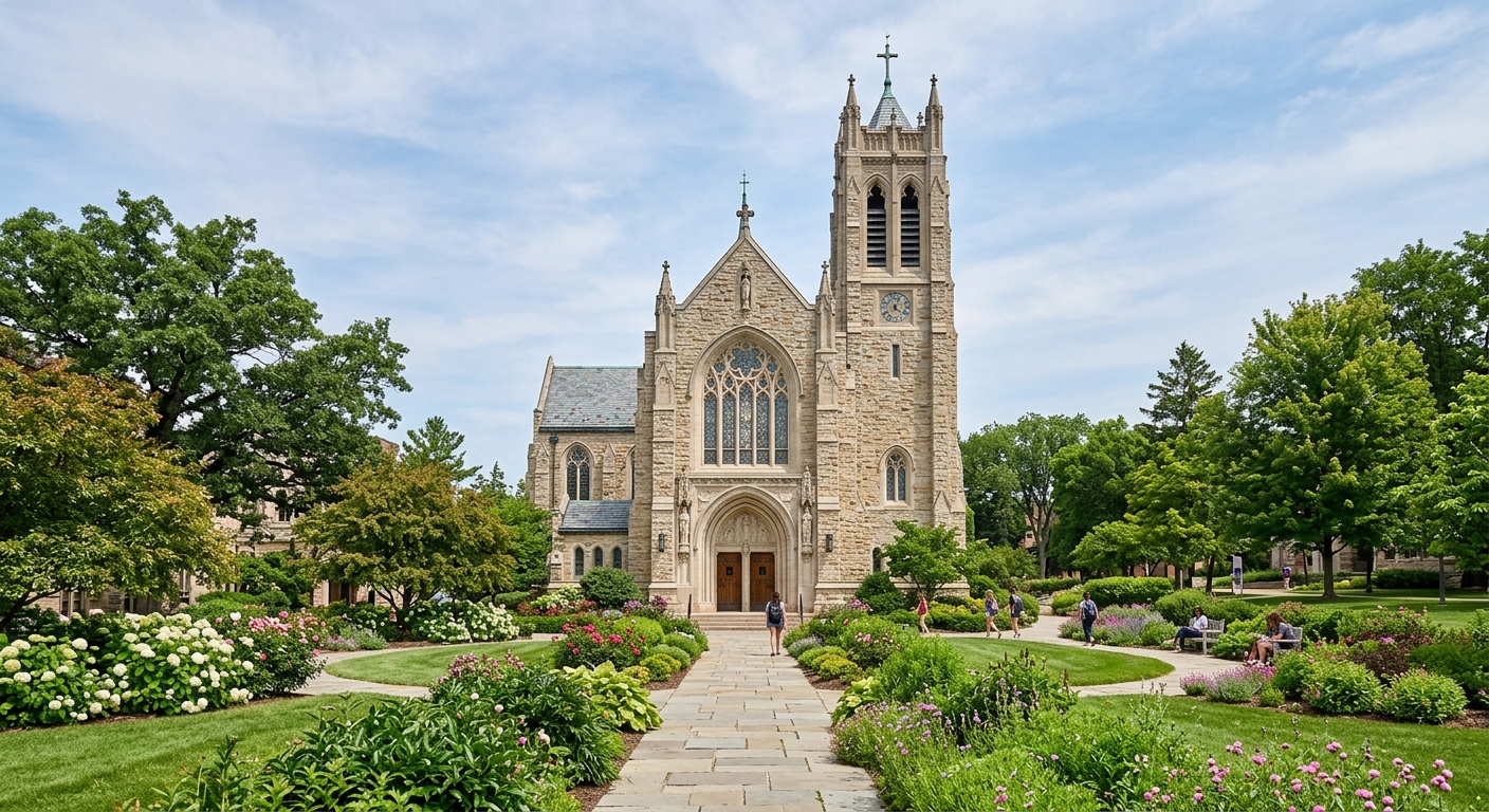 Our Lady of Victory Chapel at St. Catherine University, an elegant stone chapel with stained glass windows and a bell tower, surrounded by landscaped gardens