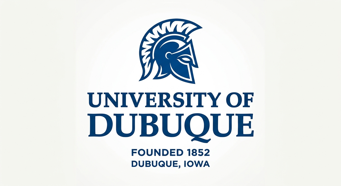 University of Dubuque official logo featuring the university name and Spartan emblem in blue and white colors