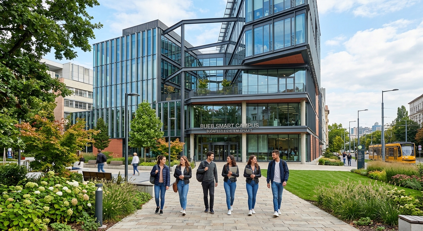 BUEB Smart Campus on Berzsenyi Daniel Street, modern glass and steel building with green landscaping, students walking on pathways, contemporary university architecture in Budapest