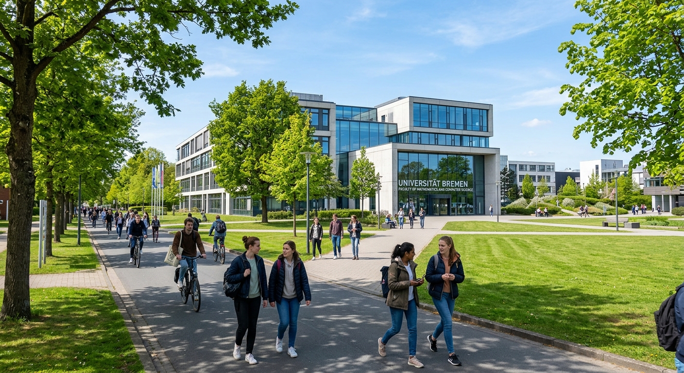 University of Bremen campus with modern glass and concrete buildings, green lawns, students walking along tree-lined paths, Faculty of Mathematics and Computer Science building visible, clear sky over northern Germany