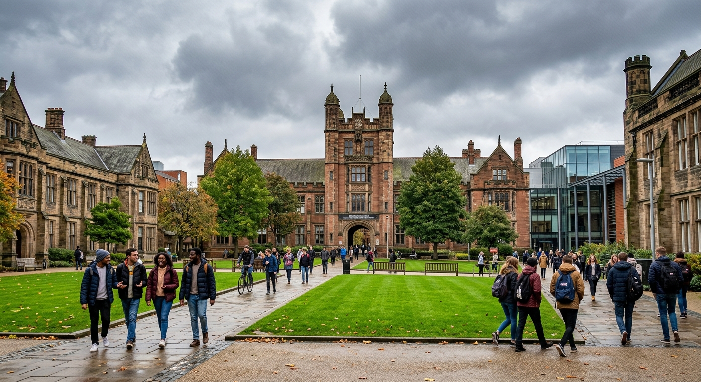 Newcastle University campus with historic stone buildings and modern facilities, students walking through green quadrangle, School of Geography Politics and Sociology building in the background, overcast English sky