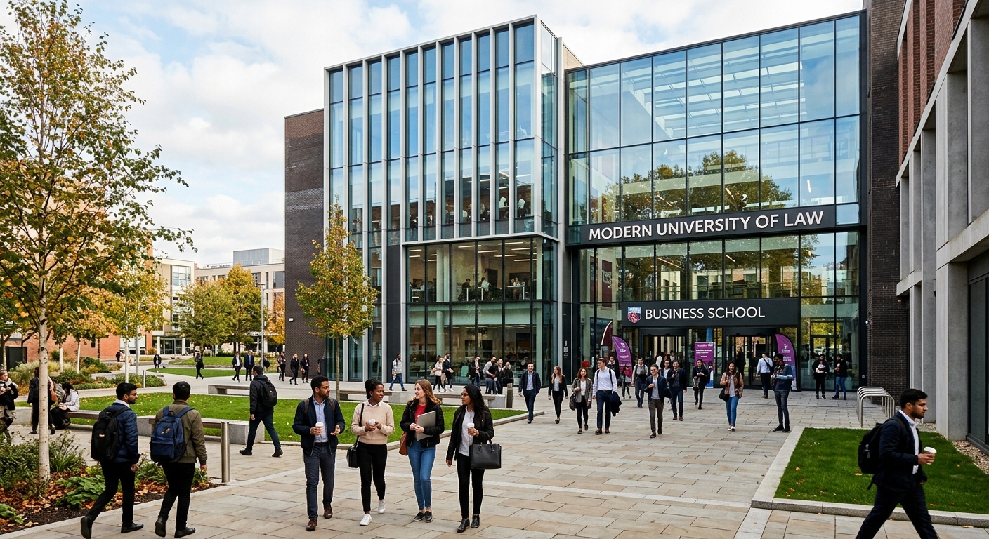 Modern University of Law Business School campus building in the United Kingdom, glass facade with students walking through courtyard, professional business education setting with contemporary architecture