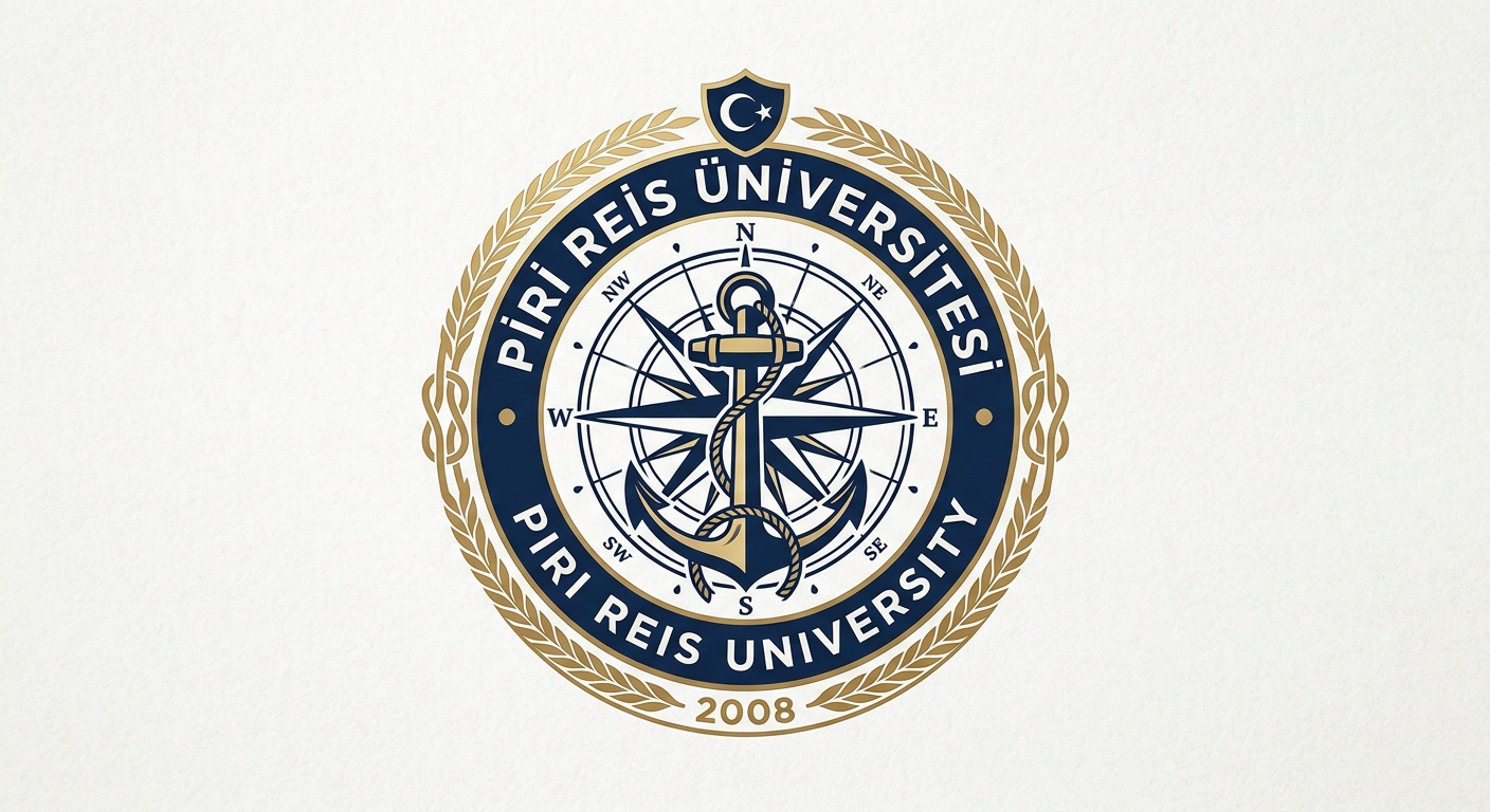 Piri Reis University official logo featuring nautical compass and anchor motifs with university name in dark blue and gold