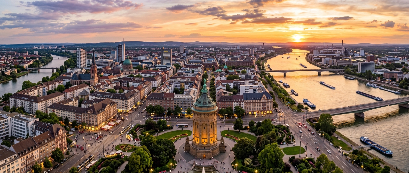 Panoramic view of Mannheim city skyline, the iconic Water Tower (Wasserturm) in the foreground, Rhine and Neckar rivers visible, modern and historic architecture, vibrant urban atmosphere, golden sunset light