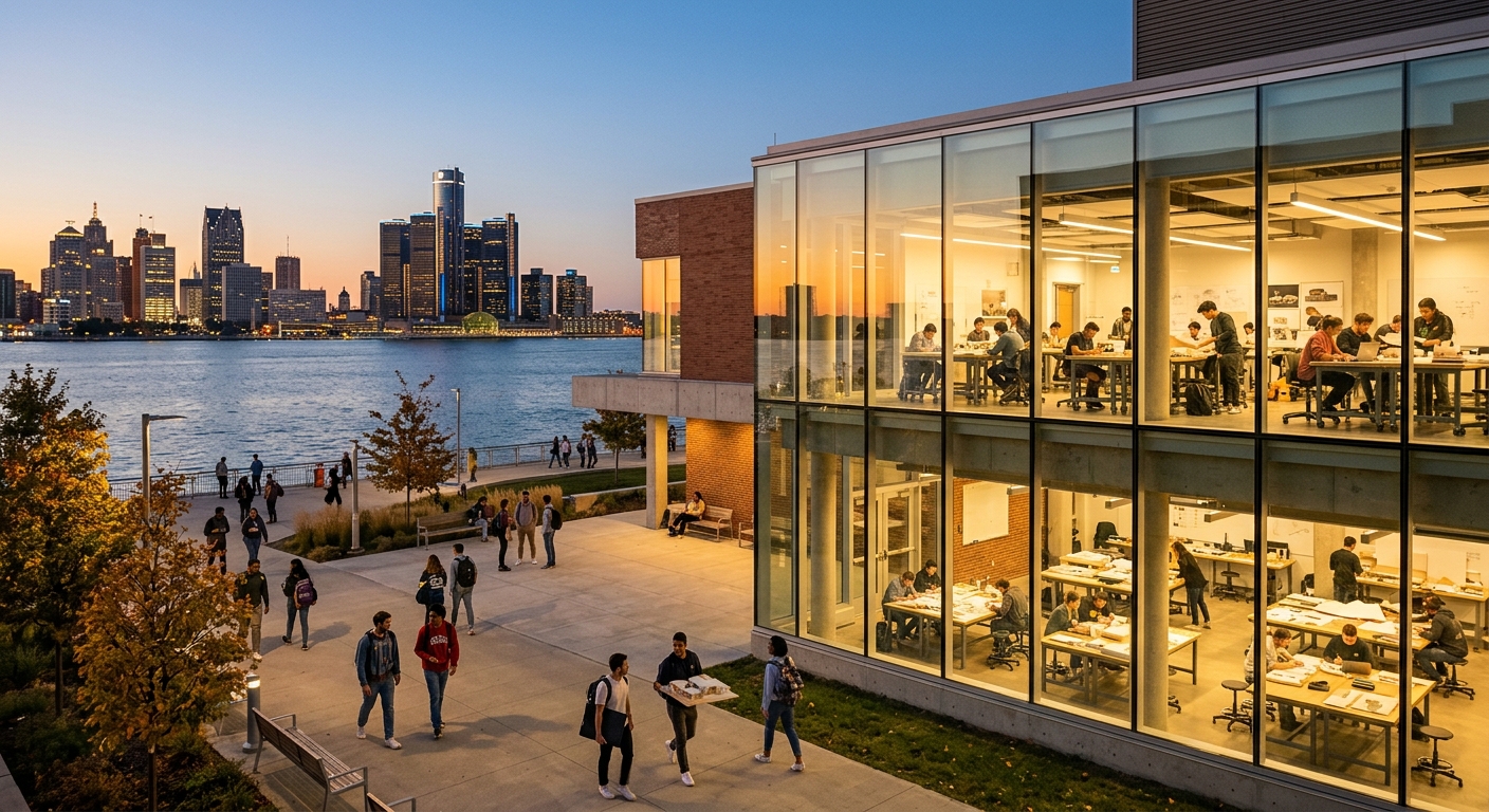 University of Windsor campus with modern architecture studio building, students working on design projects, view of the Detroit skyline across the river, warm golden hour lighting
