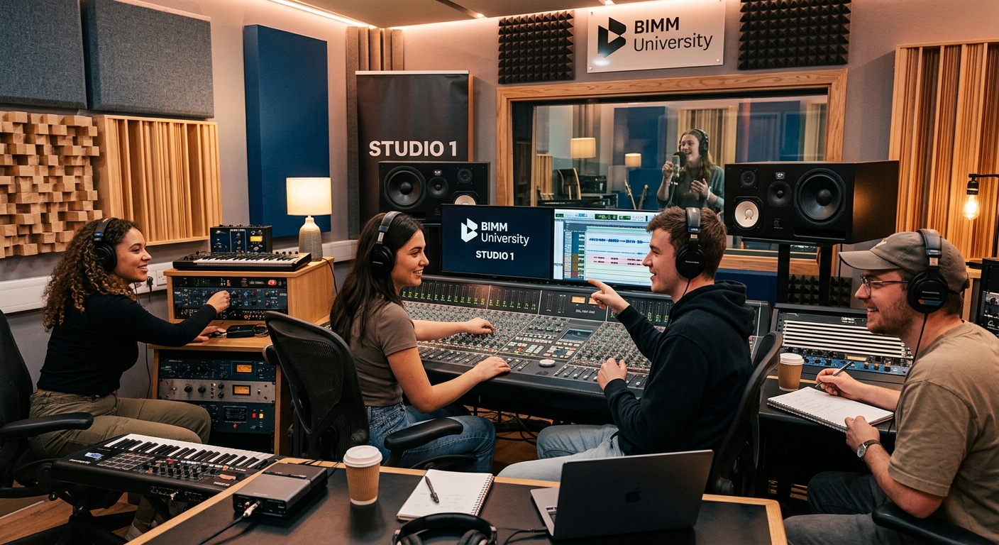 Professional music recording studio with mixing console, studio monitors, and acoustic treatment panels at BIMM University, students collaborating on a music production session with warm ambient lighting