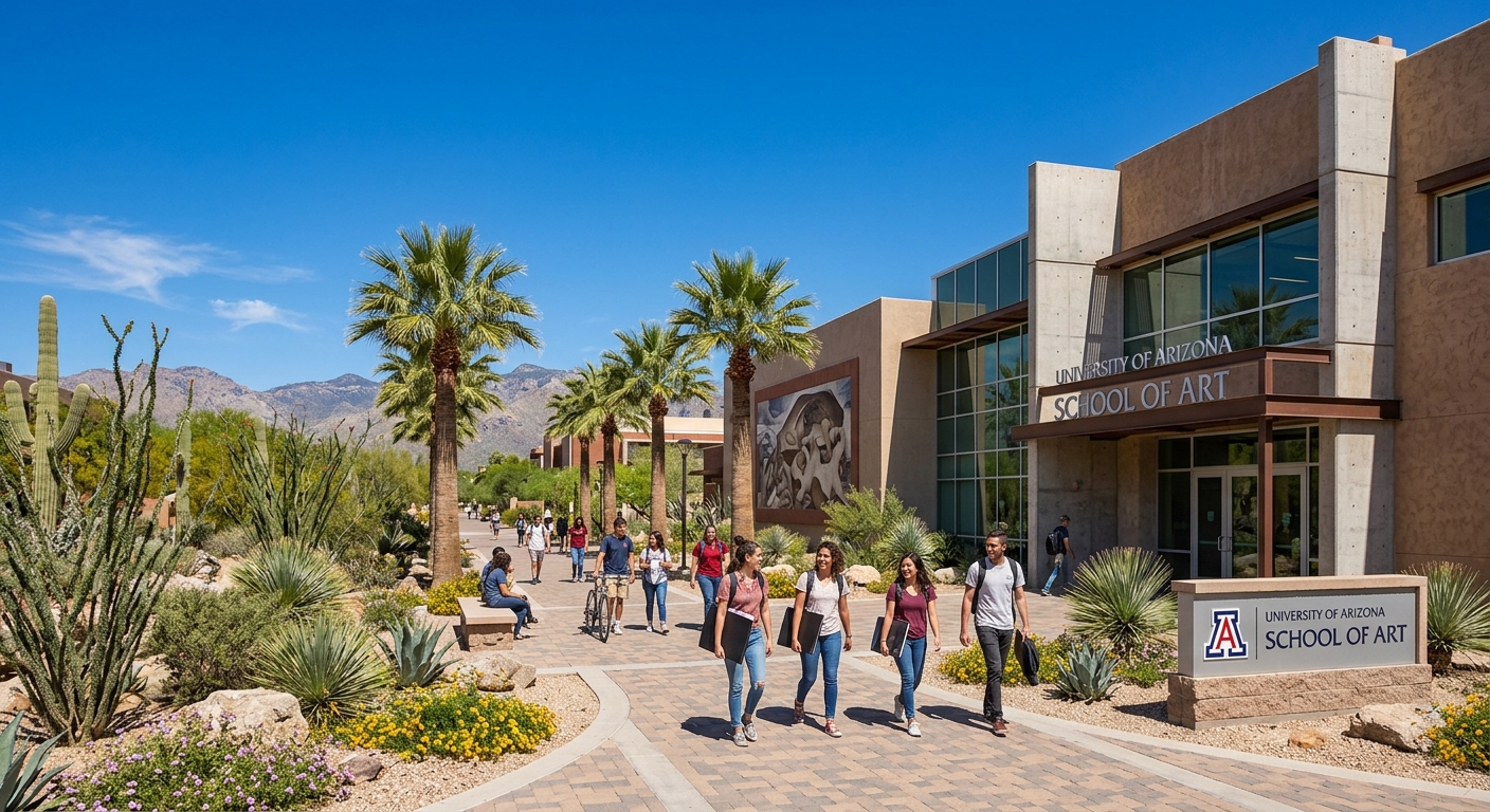 University of Arizona School of Art building exterior with desert landscaping, Tucson campus with clear blue sky, students walking along palm-lined pathways near the arts district