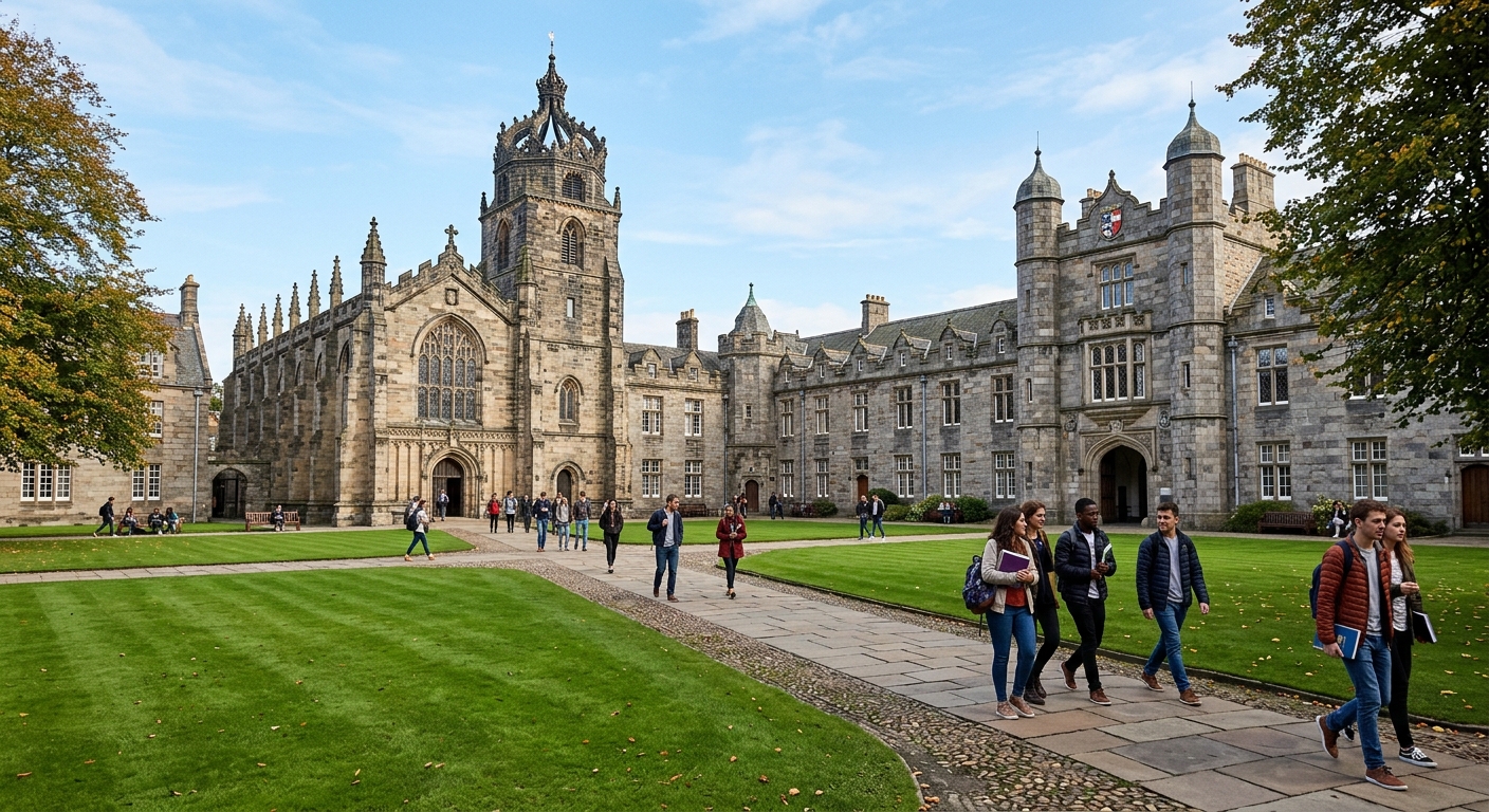 Historic King's College campus at the University of Aberdeen with granite buildings and green lawns, students walking along pathways, Scottish architecture with crown tower visible against a clear sky