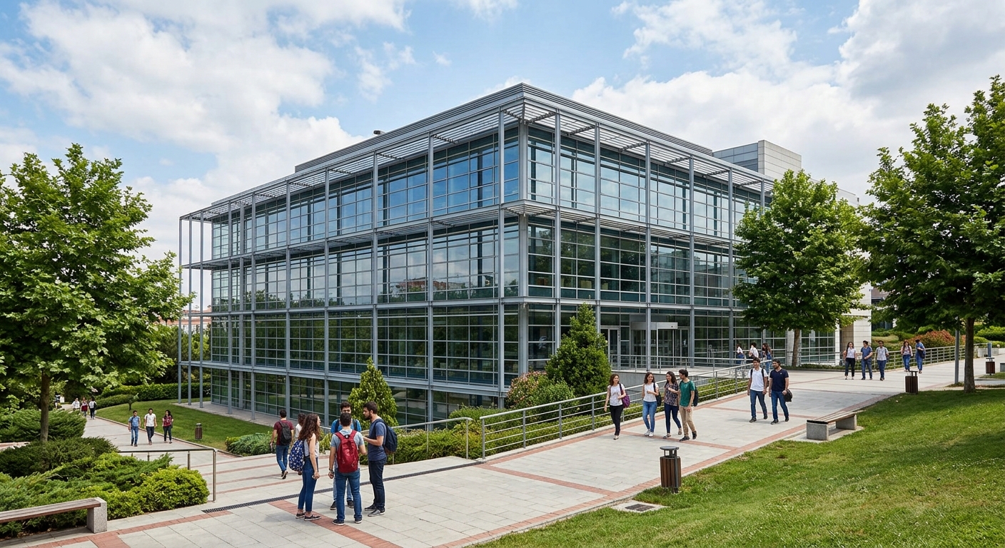 Sabancı University Information Center and main library building, modern glass and steel architecture, students walking on pathways, green trees surrounding the building