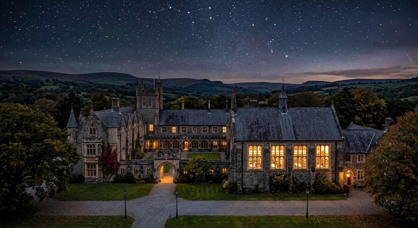 Historic Lampeter campus of University of Wales Trinity Saint David at dusk with a starry sky overhead, ancient stone buildings surrounded by Welsh countryside, warm light glowing from library windows