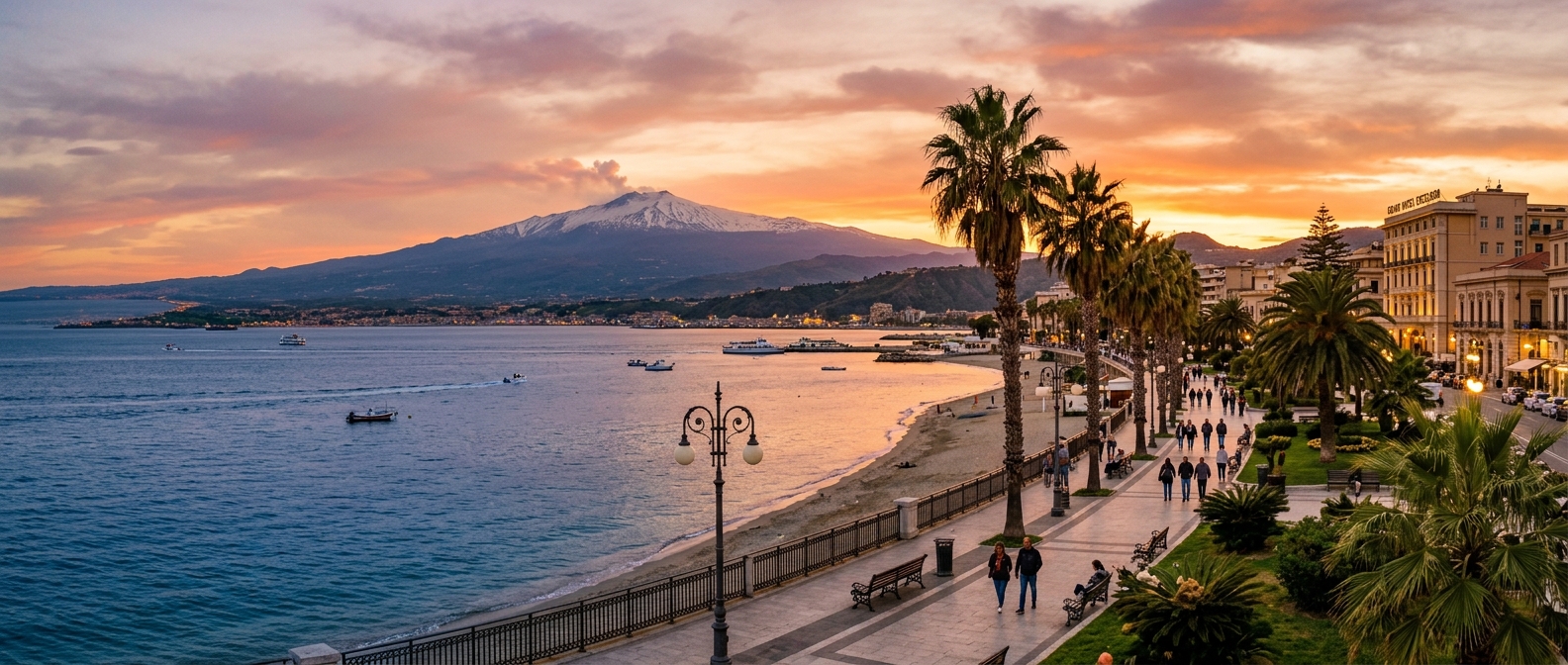 Panoramic coastal view of Reggio Calabria waterfront Lungomare Falcomata with palm trees, Strait of Messina in foreground, Sicily and Mount Etna visible across the water, warm sunset colors