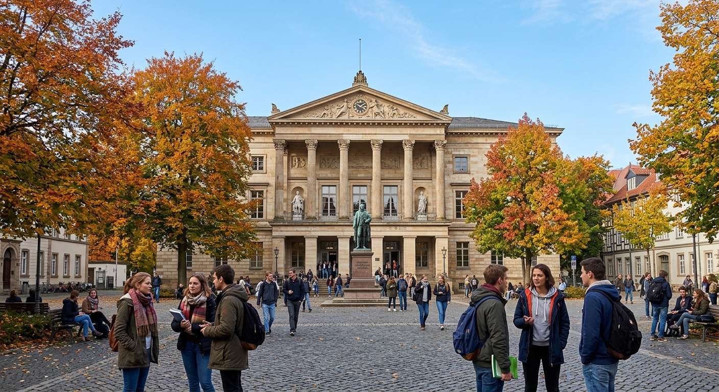 University of Göttingen Central Campus, historic Aula building at Wilhelmsplatz with neoclassical columns, students gathering in the square, autumn foliage, clear sky