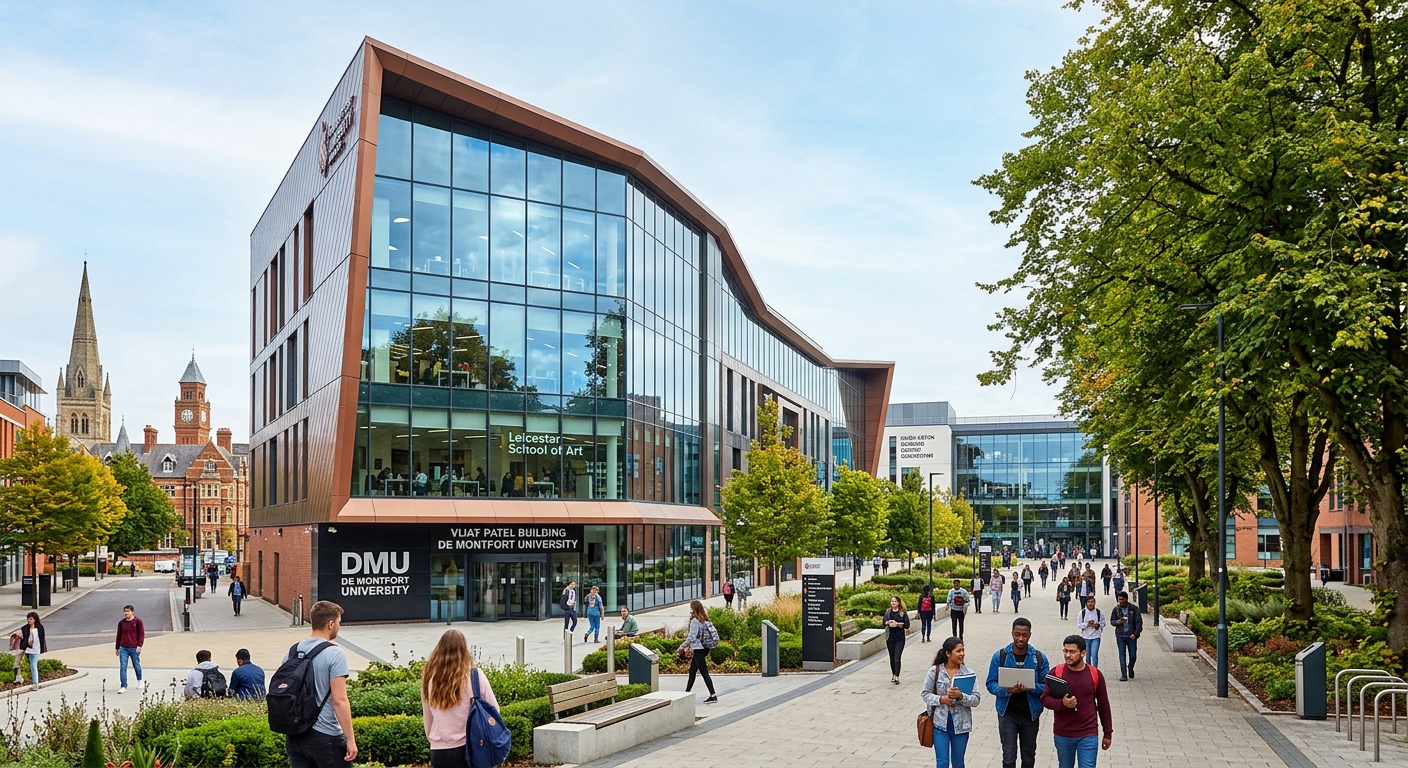 Modern De Montfort University campus in Leicester, UK, featuring the Vijay Patel building with glass facades, students walking along tree-lined pathways, contemporary architecture blending with historic Leicester buildings in the background