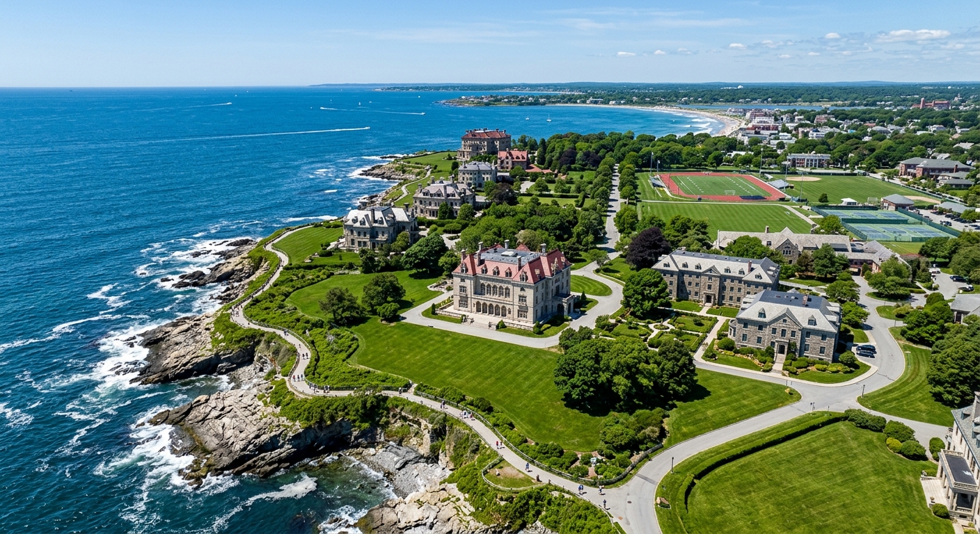 Aerial view of Salve Regina University's historic 80-acre coastal campus in Newport Rhode Island, featuring Gilded Age mansions along the Atlantic Ocean cliffs, green lawns, and the Newport Cliff Walk, under a clear blue sky