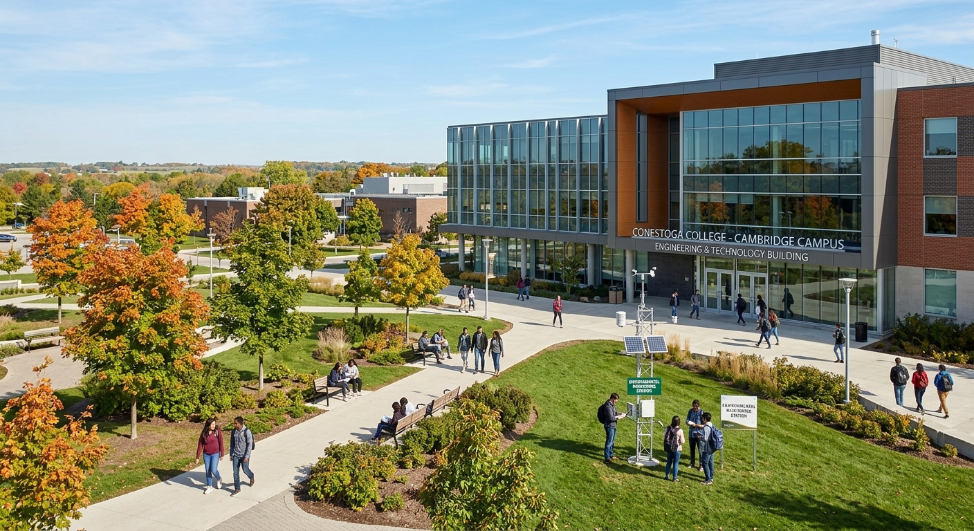 Conestoga College Cambridge campus with modern engineering building, students in outdoor green space, environmental monitoring equipment visible, Canadian college setting with trees and clear sky