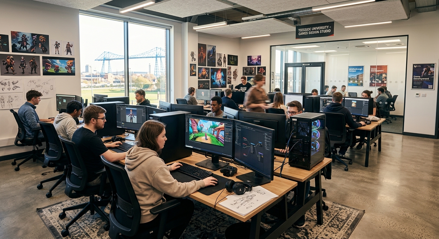 Modern games design studio at Teesside University Middlesbrough campus, students working on game prototypes using multiple monitors and game engines, creative digital environment with concept art on screens, bright contemporary workspace