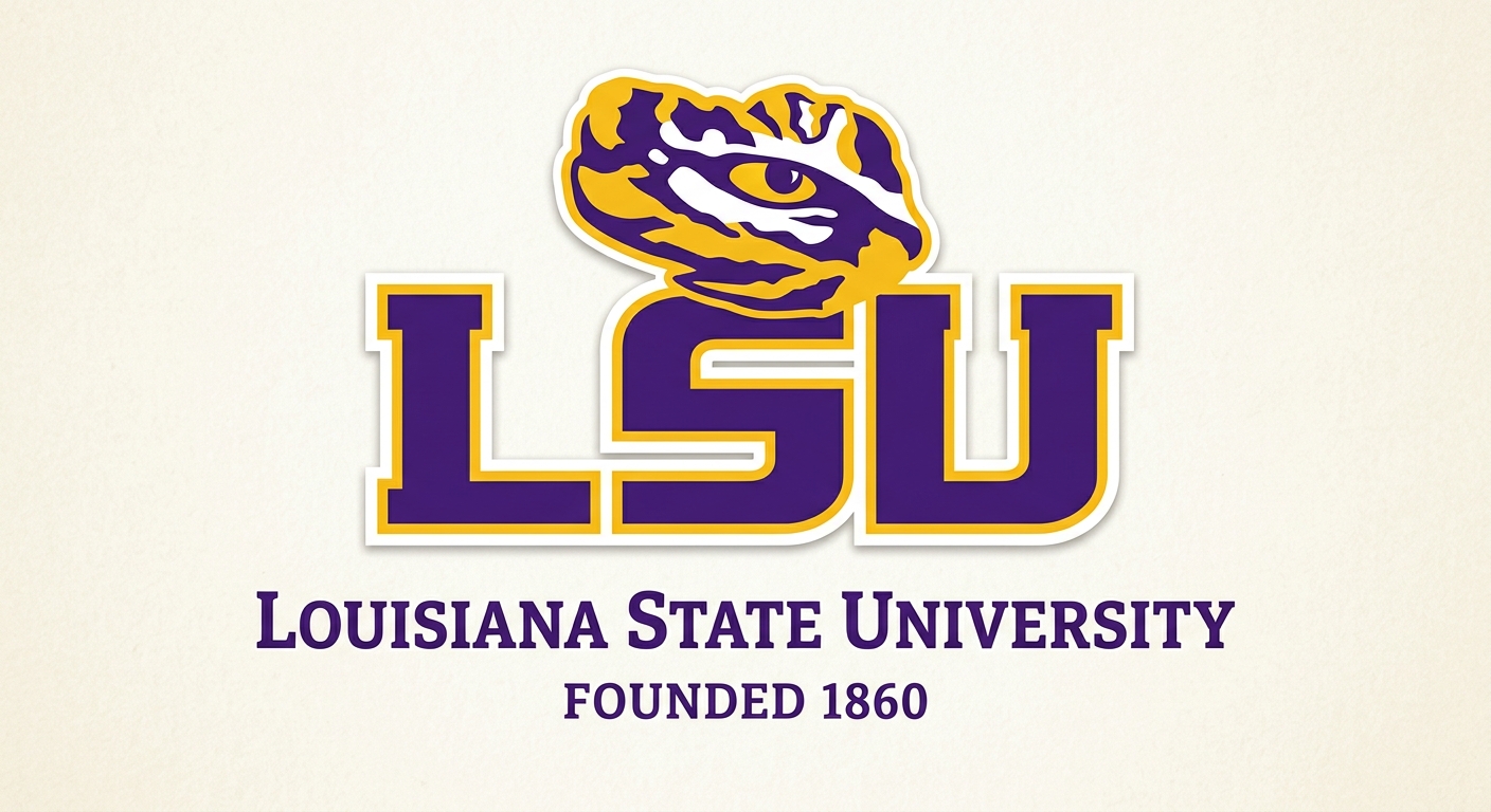 Louisiana State University official logo featuring the LSU monogram in purple and gold with a tiger eye emblem