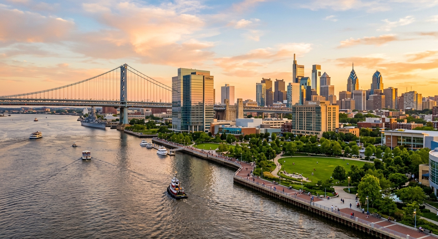 Camden New Jersey waterfront skyline with the Delaware River in the foreground, Ben Franklin Bridge connecting to Philadelphia visible in the background, modern cityscape with green parks, golden hour lighting