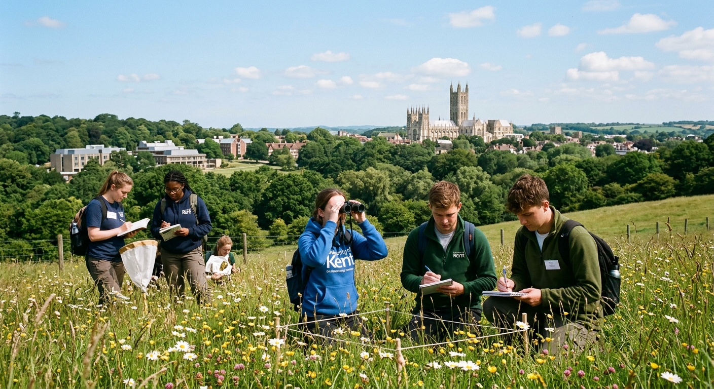 University of Kent Canterbury campus overlooking green parkland and ancient woodland, students conducting fieldwork in a meadow with binoculars and notebooks, Canterbury Cathedral visible in the background under a clear sky