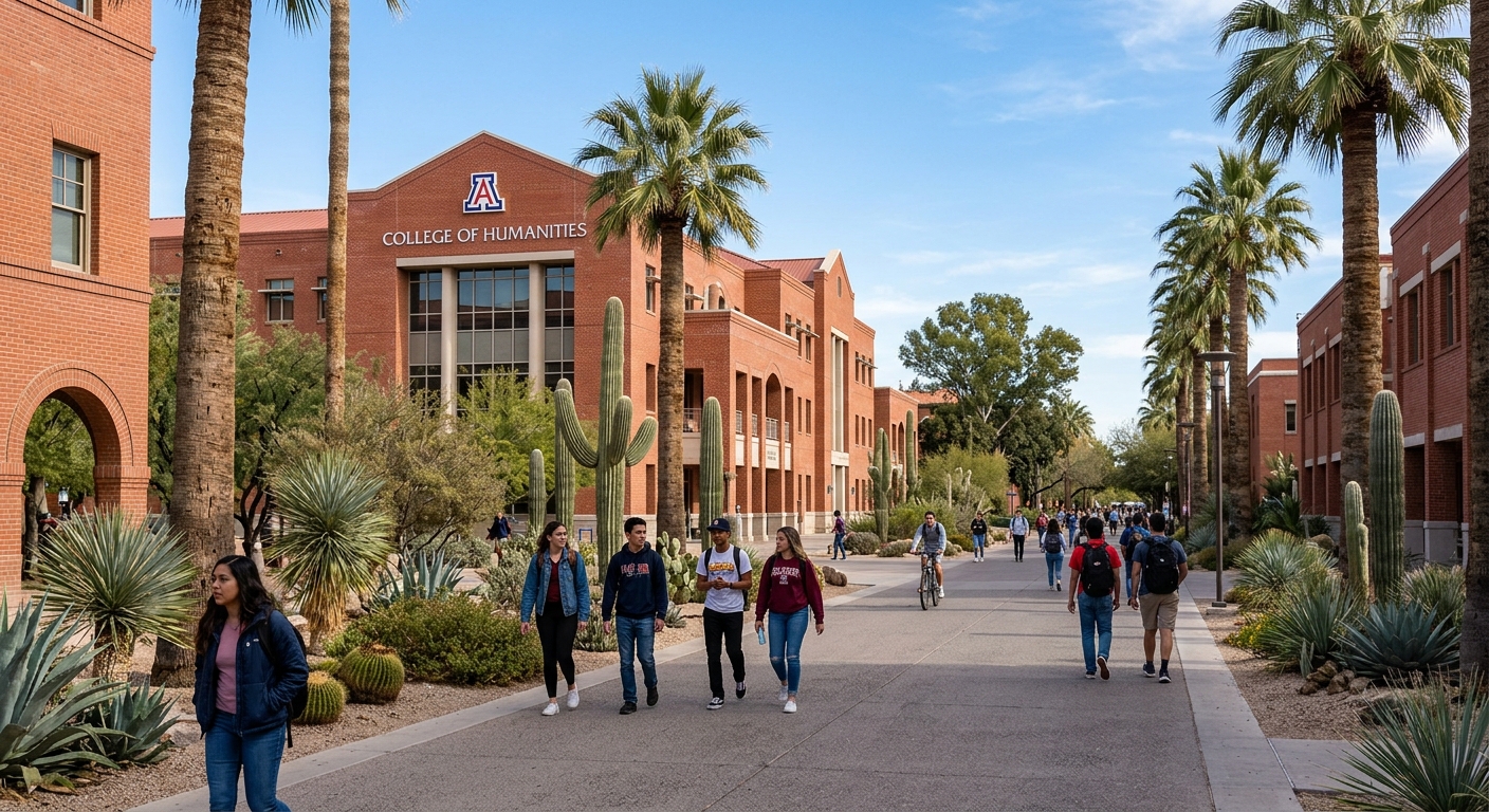 University of Arizona campus in Tucson with red brick buildings, desert landscaping with saguaro cacti, blue sky, and students walking along palm-tree-lined pathways near the College of Humanities