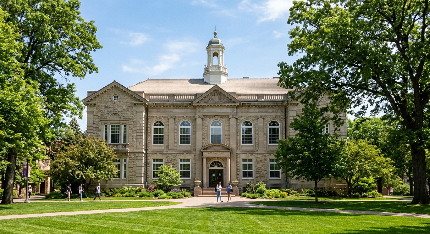Historic Derham Hall at St. Catherine University, a grand stone building with classical architecture, surrounded by mature trees and green lawns on a sunny day