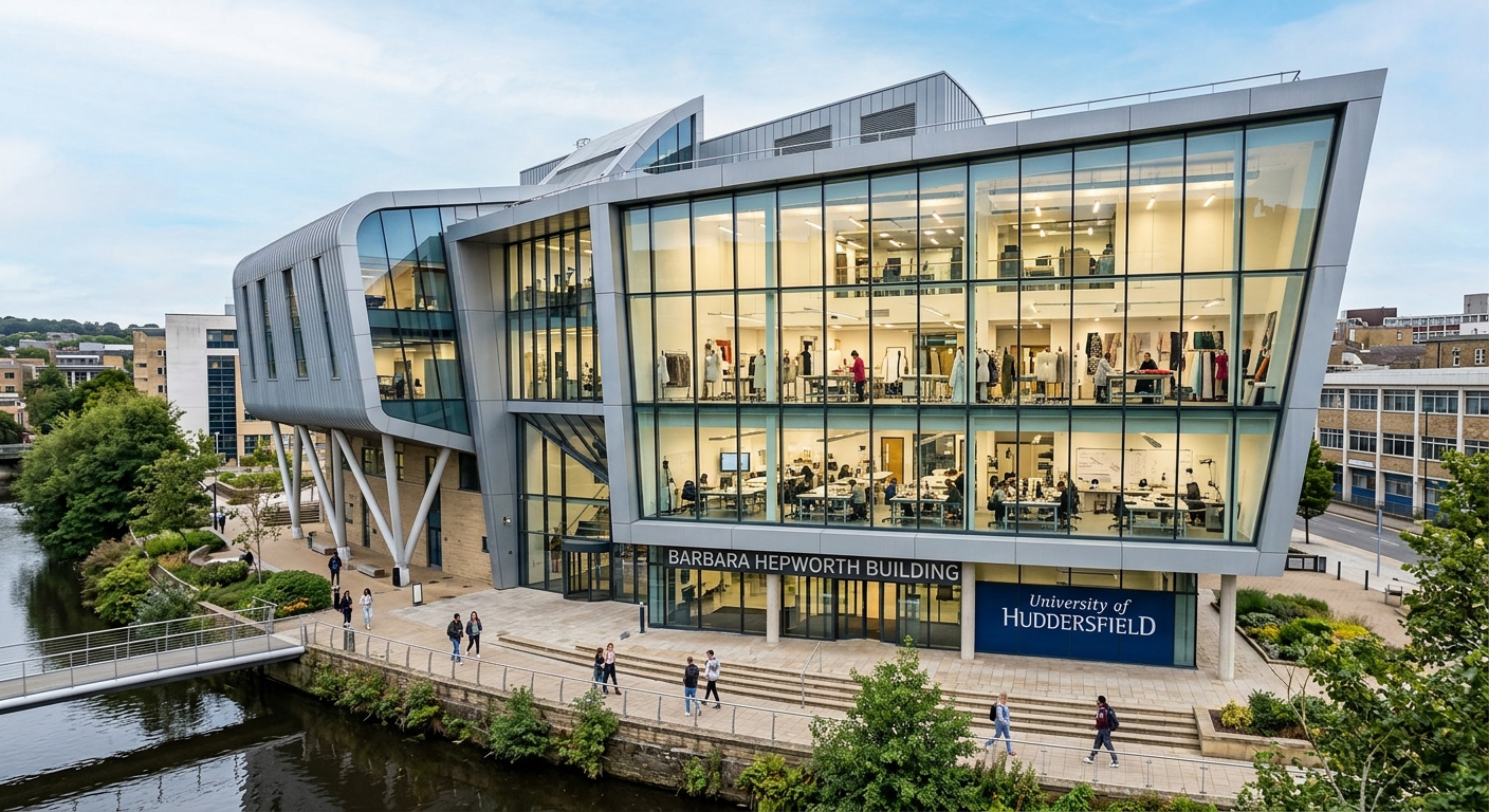 Barbara Hepworth Building at University of Huddersfield, contemporary architecture with large windows, architecture and fashion studios visible inside
