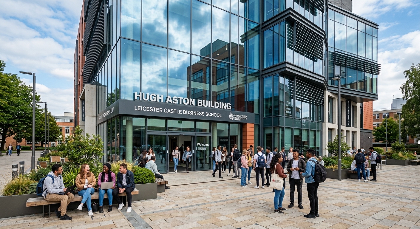 Hugh Aston Building at De Montfort University, contemporary glass facade, business school entrance, students gathered outside on a paved courtyard