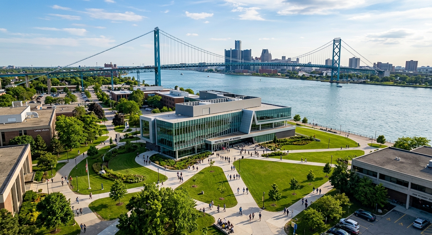 Aerial view of the University of Windsor campus along the Detroit River, featuring the Odette School of Business building with modern glass facade, green lawns, and students walking on pathways with the Ambassador Bridge visible in the background