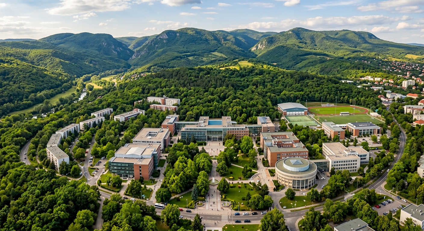 Aerial view of University of Miskolc campus in Egyetemvaros, lush green park surroundings, modern university buildings, Bukk Mountains in the background, warm daylight