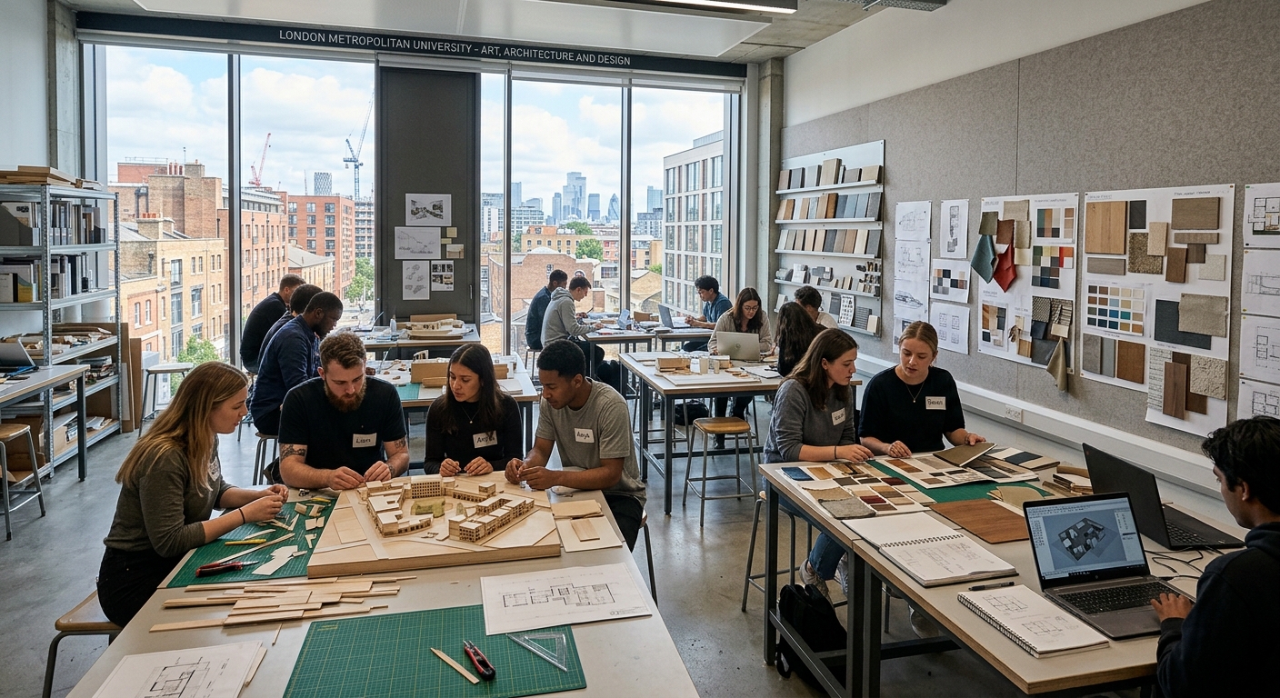 Modern design studio at London Metropolitan University with students working on architectural models and interior design projects, large windows letting in natural light, material samples and mood boards visible on walls, East London urban campus setting