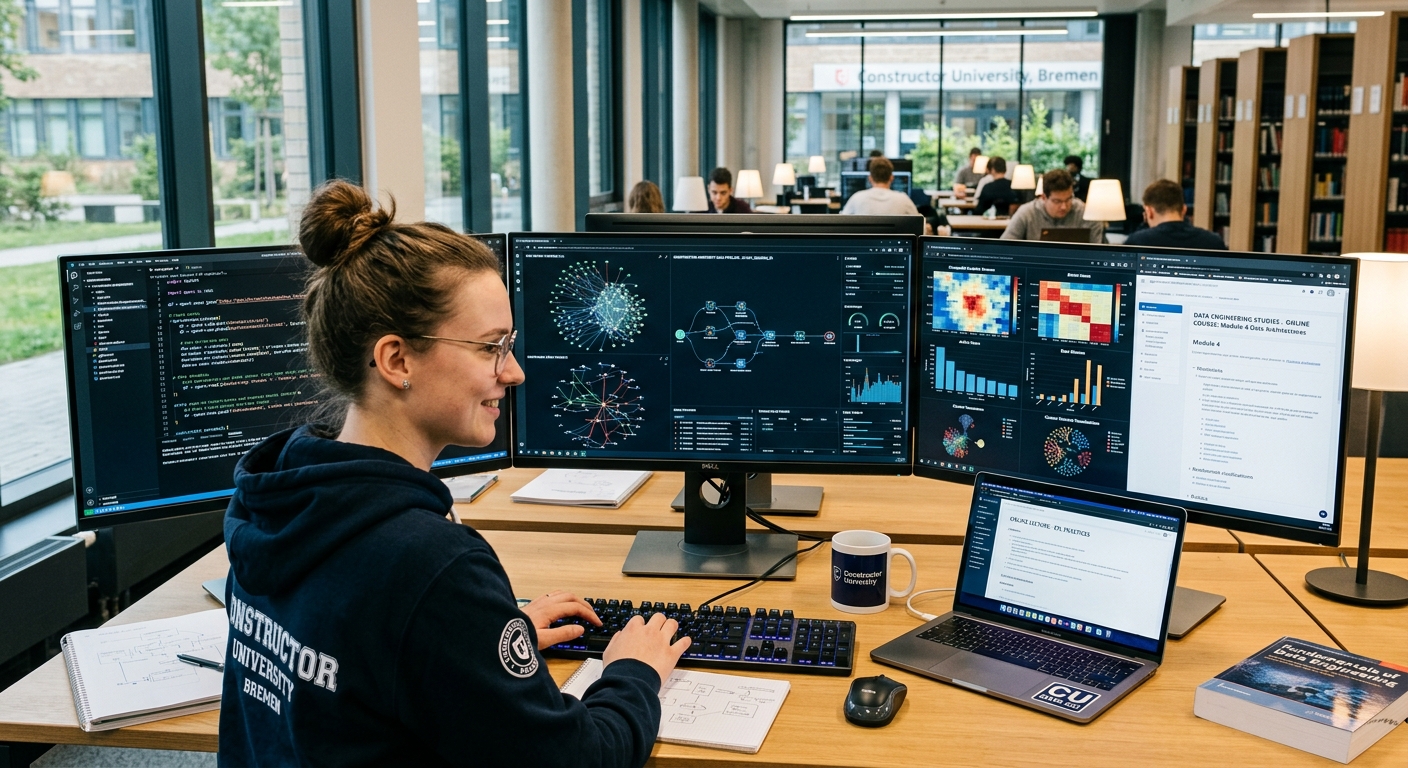 Modern digital workspace with multiple screens displaying data visualizations, network graphs, and code, representing online data engineering studies at Constructor University Bremen, Germany
