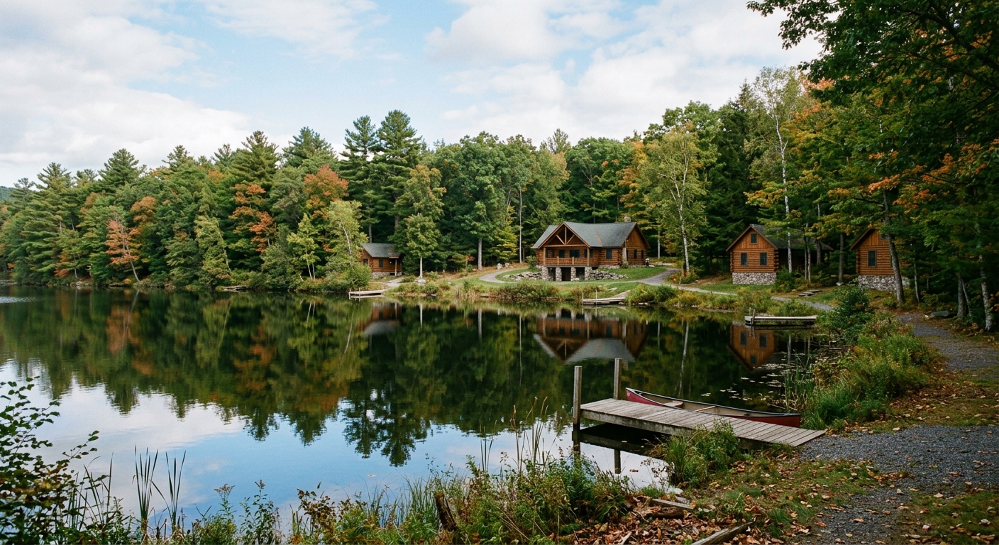 Pine Lake Environmental Campus at Hartwick College, serene lake surrounded by dense woodland, rustic cabins visible among the trees, reflections on calm water