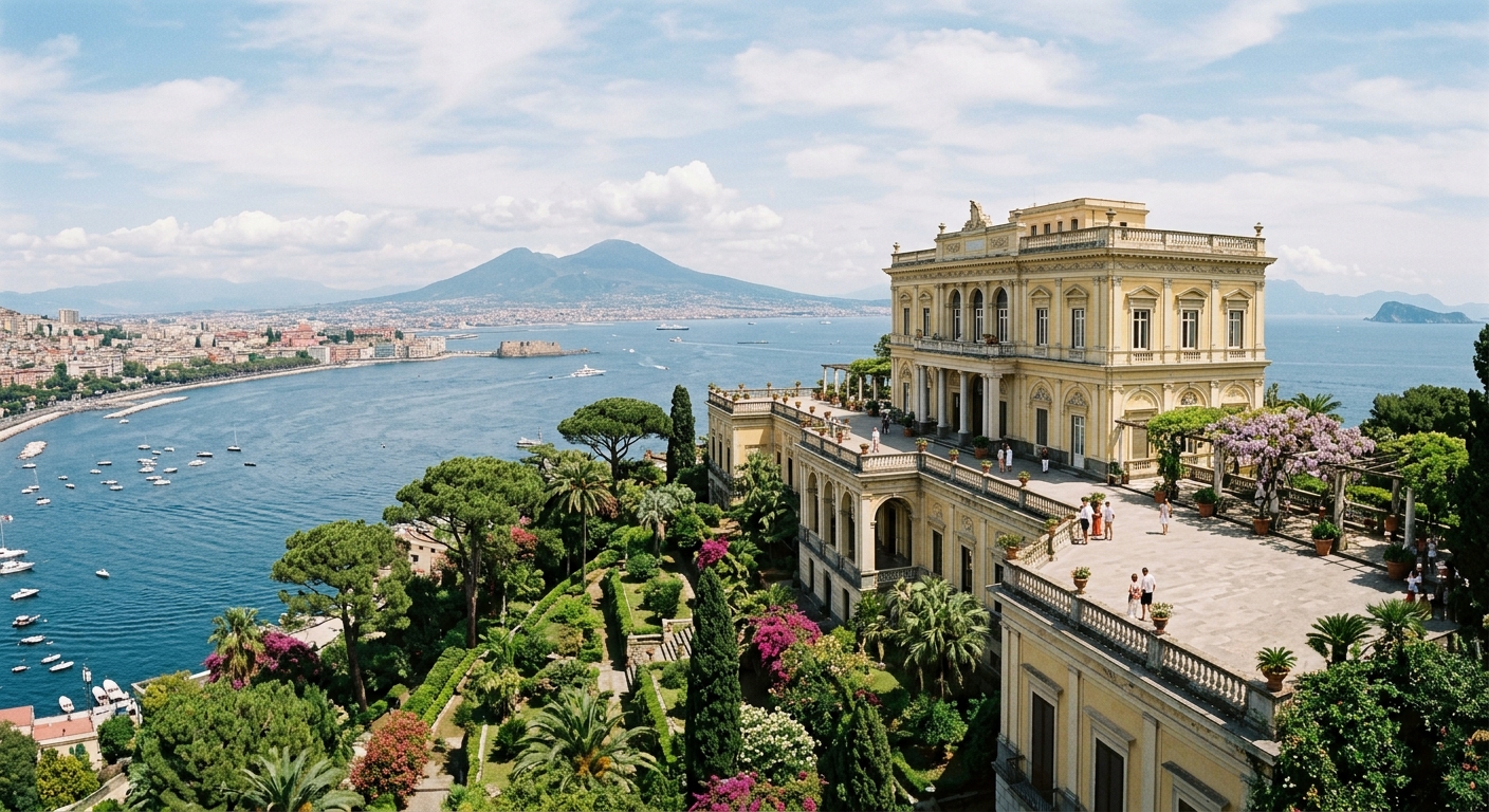 Villa Doria D'Angri on Posillipo hill, elegant 19th-century neoclassical villa with panoramic terrace overlooking the Bay of Naples, lush Mediterranean gardens