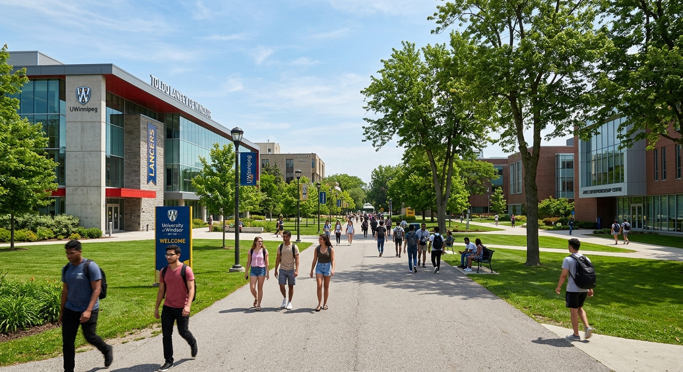University of Windsor campus in Ontario Canada with modern academic buildings, green lawns, and students walking along tree-lined pathways on a bright sunny day