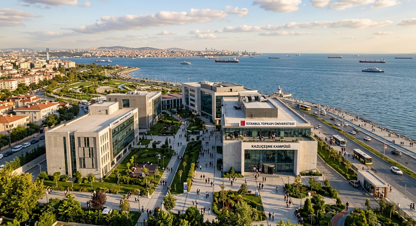 Istanbul Topkapı University Kazlıçeşme campus wide shot, modern university building in Zeytinburnu district, European side of Istanbul, with the Sea of Marmara visible in the background, warm daylight