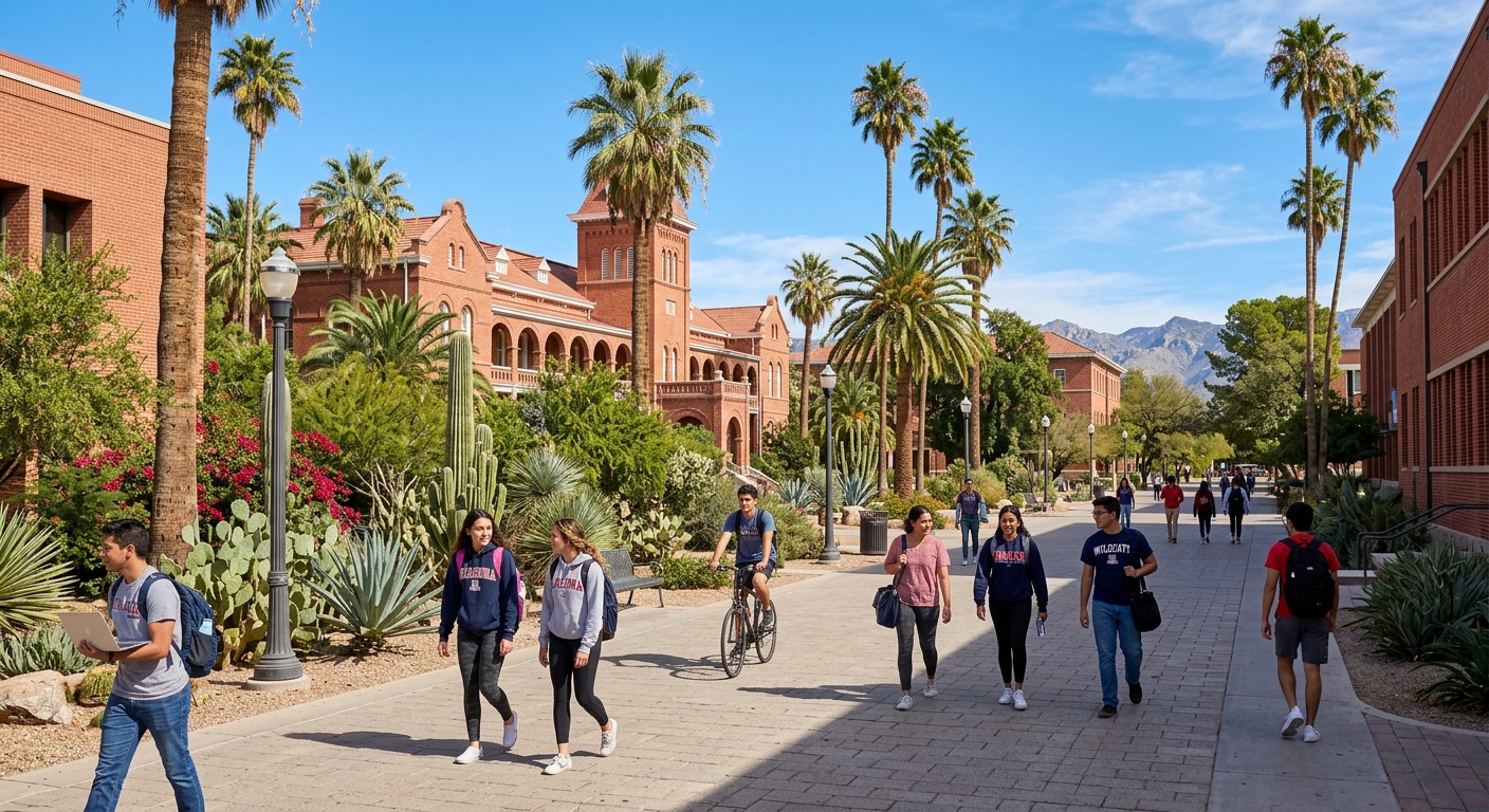 University of Arizona campus in Tucson with red-brick buildings, palm trees, desert landscaping, and students walking along pathways under a bright blue sky