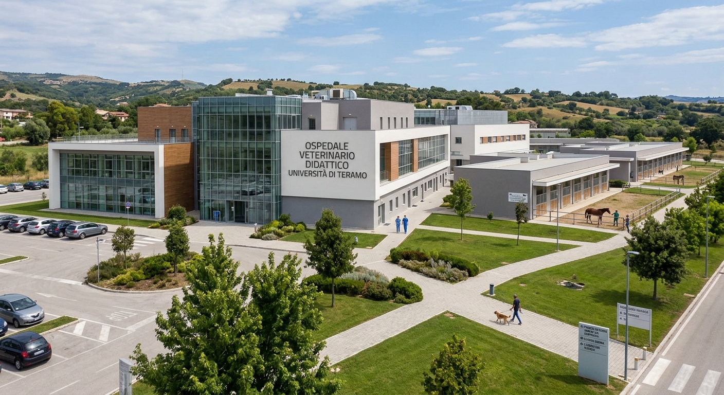 University of Teramo Veterinary Teaching Hospital, large modern veterinary facility with clinical labs, animal care units, and surrounding green spaces in Piano d'Accio area