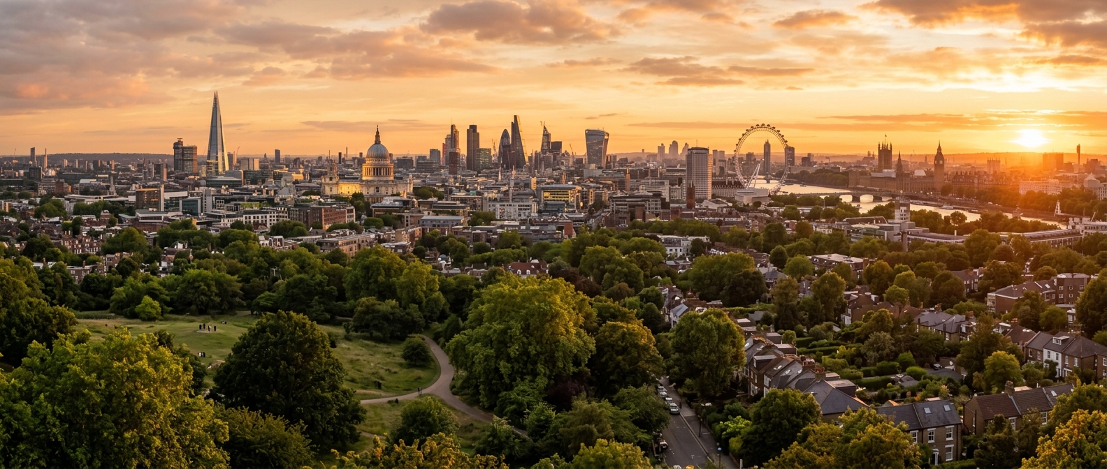 Panoramic view of London skyline from north London, iconic landmarks including The Shard, London Eye, and St Paul's Cathedral in the distance, green suburban neighbourhoods in the foreground, golden hour lighting