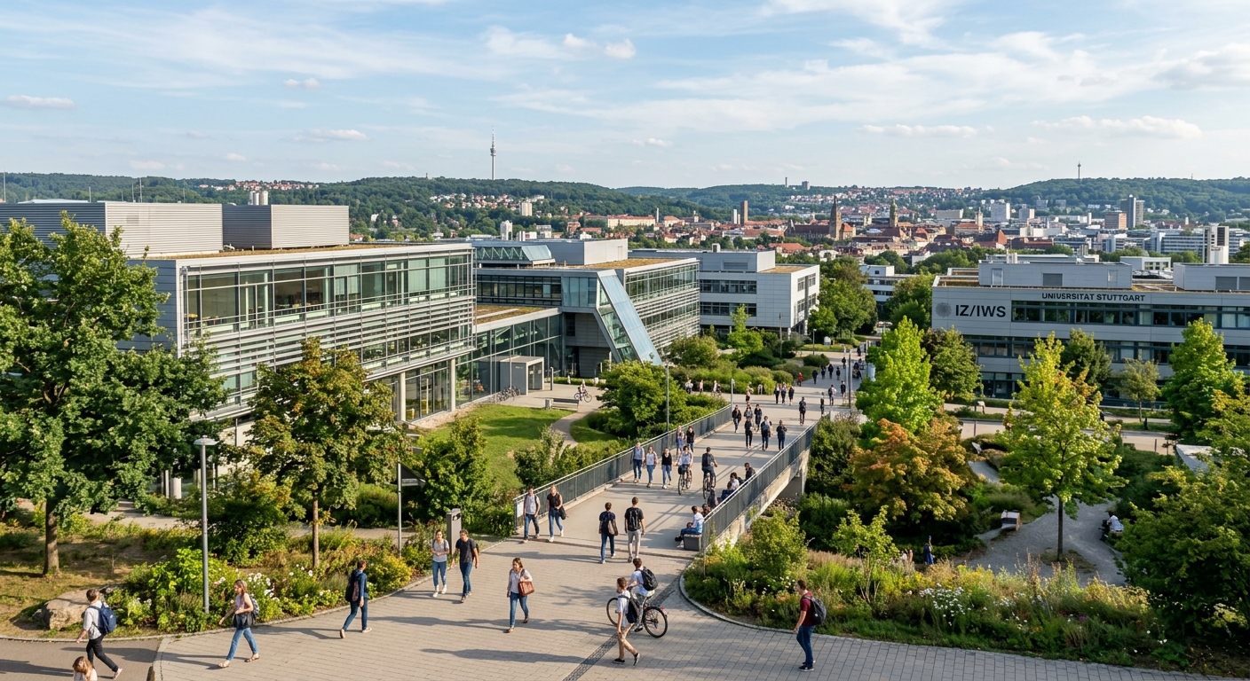 University of Stuttgart campus in Stuttgart-Vaihingen with modern engineering faculty buildings, green landscaping, students walking between lecture halls, Baden-Württemberg skyline in background, sunny day