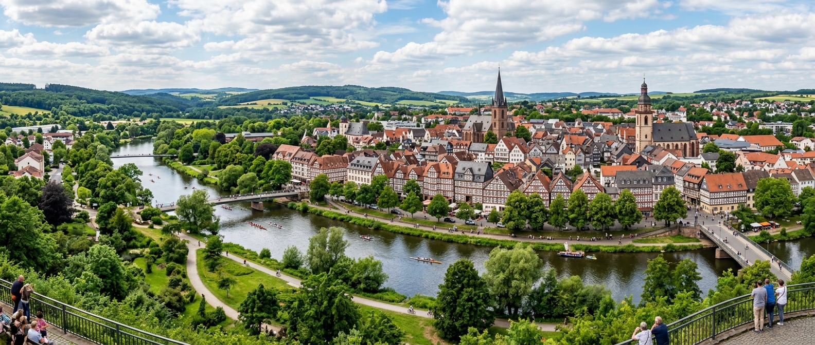 Panoramic view of Giessen city center with the Lahn River flowing through, historic half-timbered buildings, church spires, green parks, and surrounding Hessian countryside hills