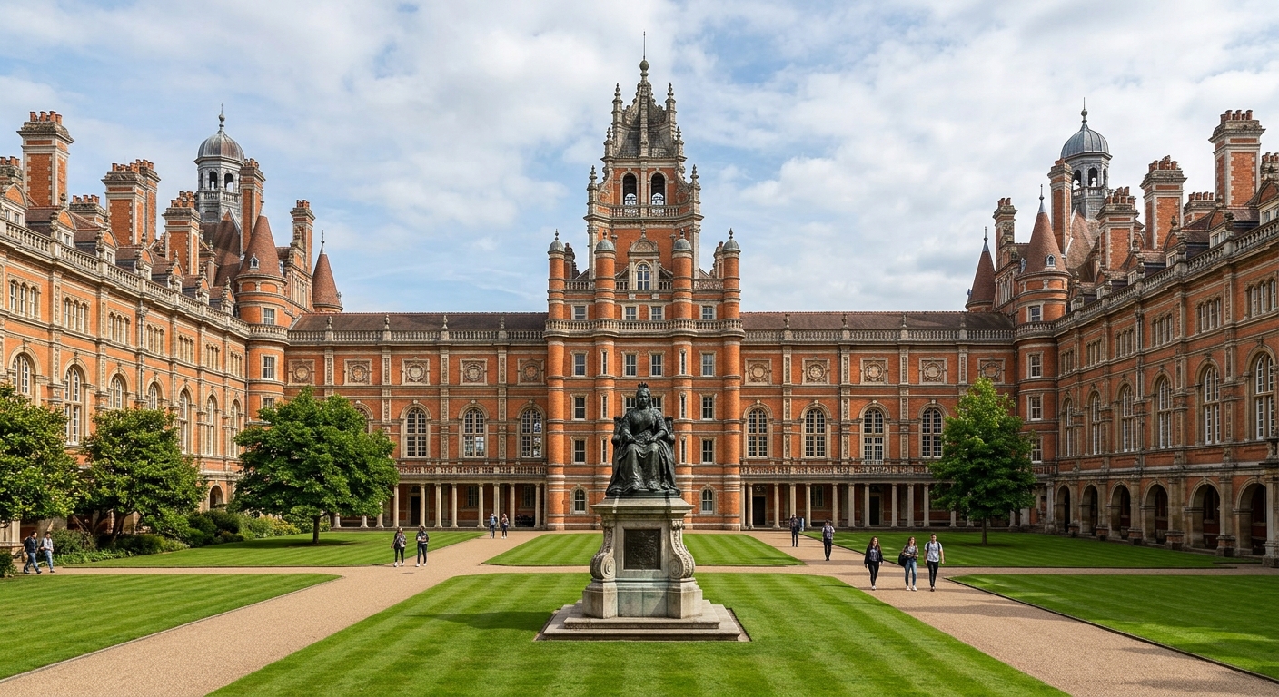 Royal Holloway Founder's Building exterior, Grade I listed Victorian red-brick architecture with ornate turrets, French Renaissance style, green quadrangle with statue of Queen Victoria