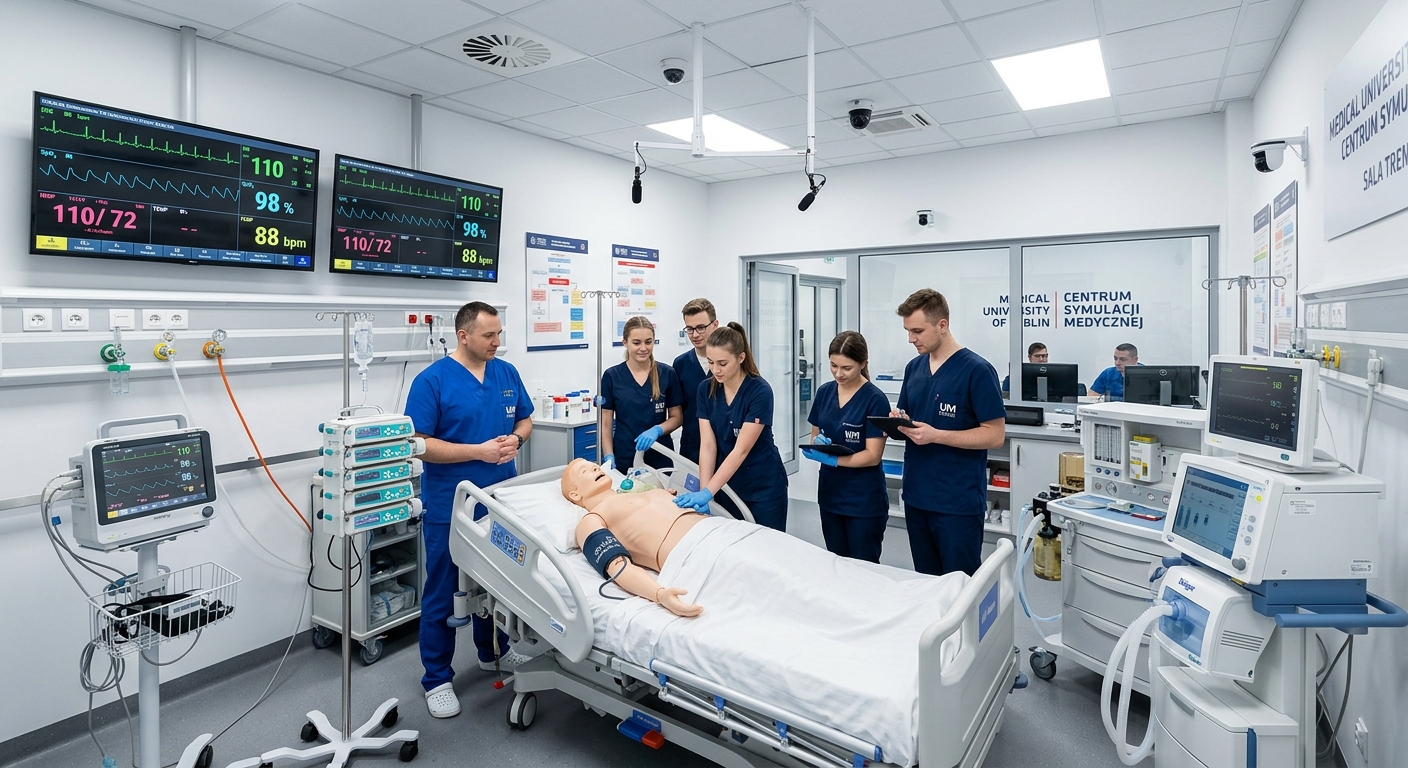 Modern Medical Simulation Center at Medical University of Lublin, high-tech medical training room with patient simulators and monitoring equipment, bright clinical lighting