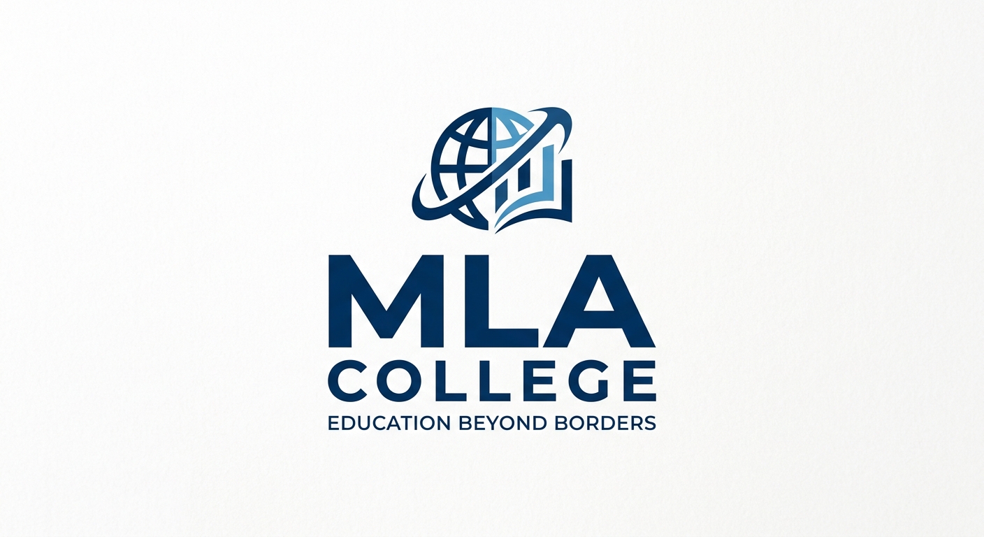 MLA College logo featuring clean modern typography with the letters MLA in bold navy blue, accompanied by the tagline Education Beyond Borders